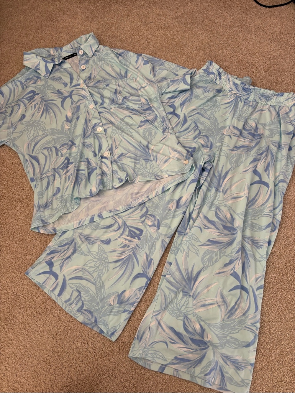 Women's Tahari Blue Tropical Pajama Set short sleeve crop pants large